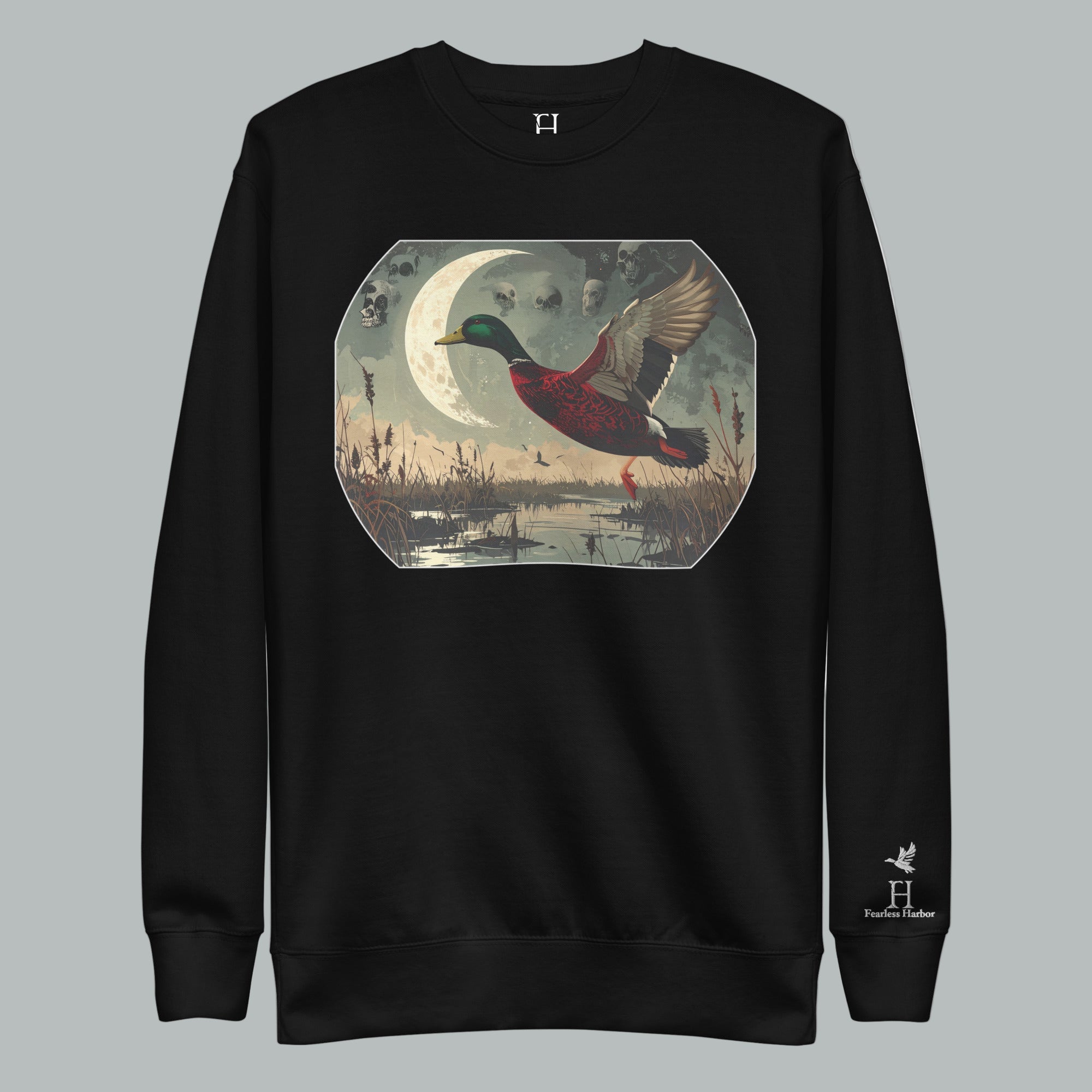 Front view of Fearless Harbor Blood Marsh Sweatshirt in Black, featuring blood-red mallard camo design for Halloween.
