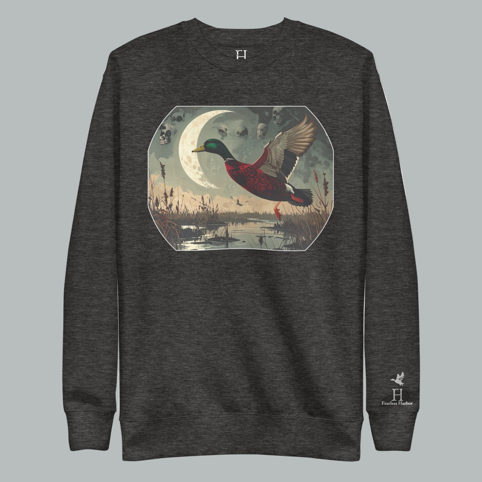 Front view of Fearless Harbor Blood Marsh Sweatshirt in Charcoal Heather, featuring blood-red mallard camo design for Halloween.