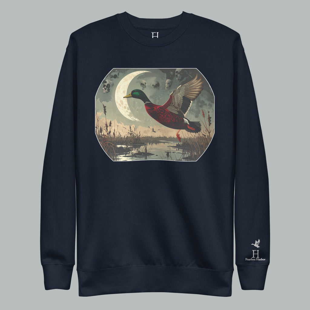 Front view of Fearless Harbor Blood Marsh Sweatshirt in Navy, featuring blood-red mallard camo design for Halloween.