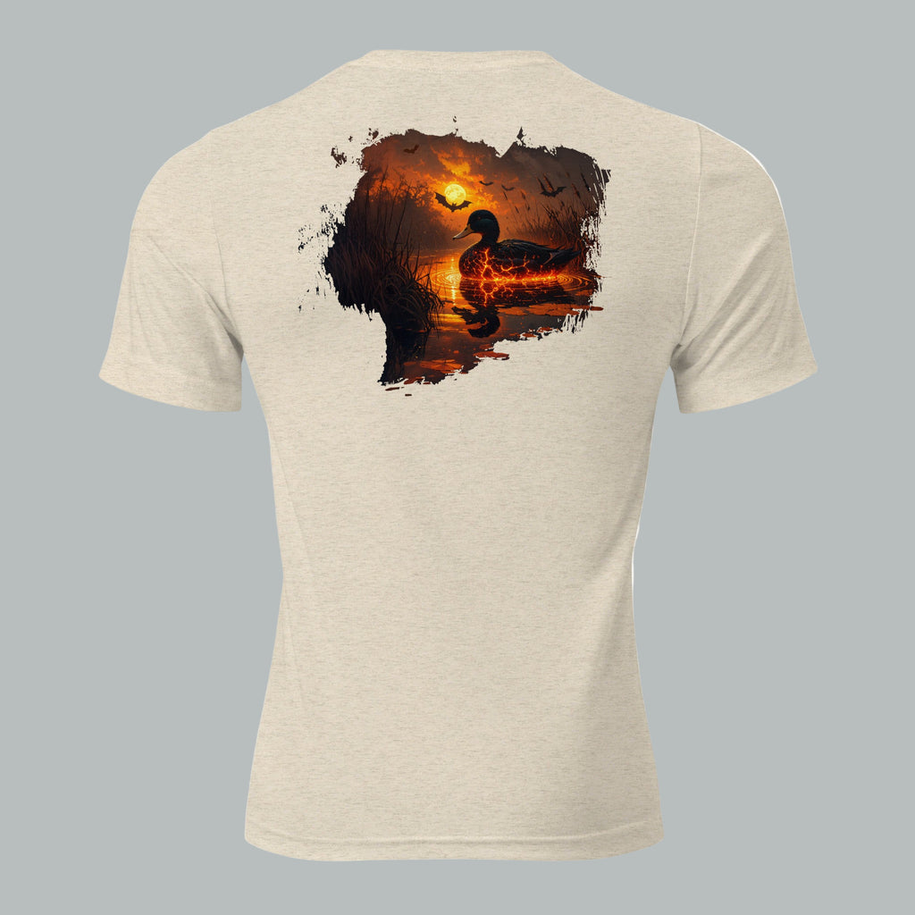 Back view of Fearless Harbor Drift Through Dark Duck Tee in Oatmeal, highlighting durable tri-blend fit.