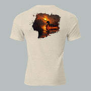 Back view of Fearless Harbor Drift Through Dark Duck Tee in Oatmeal, highlighting durable tri-blend fit.