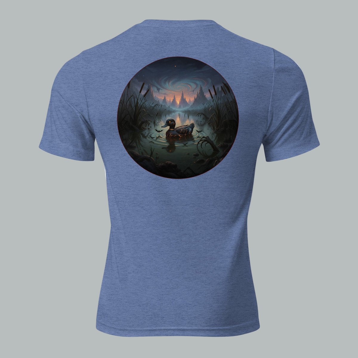 Back view of Fearless Harbor Drift Through the Dark Tee in Blue, featuring vintage haunted forest design for Halloween.