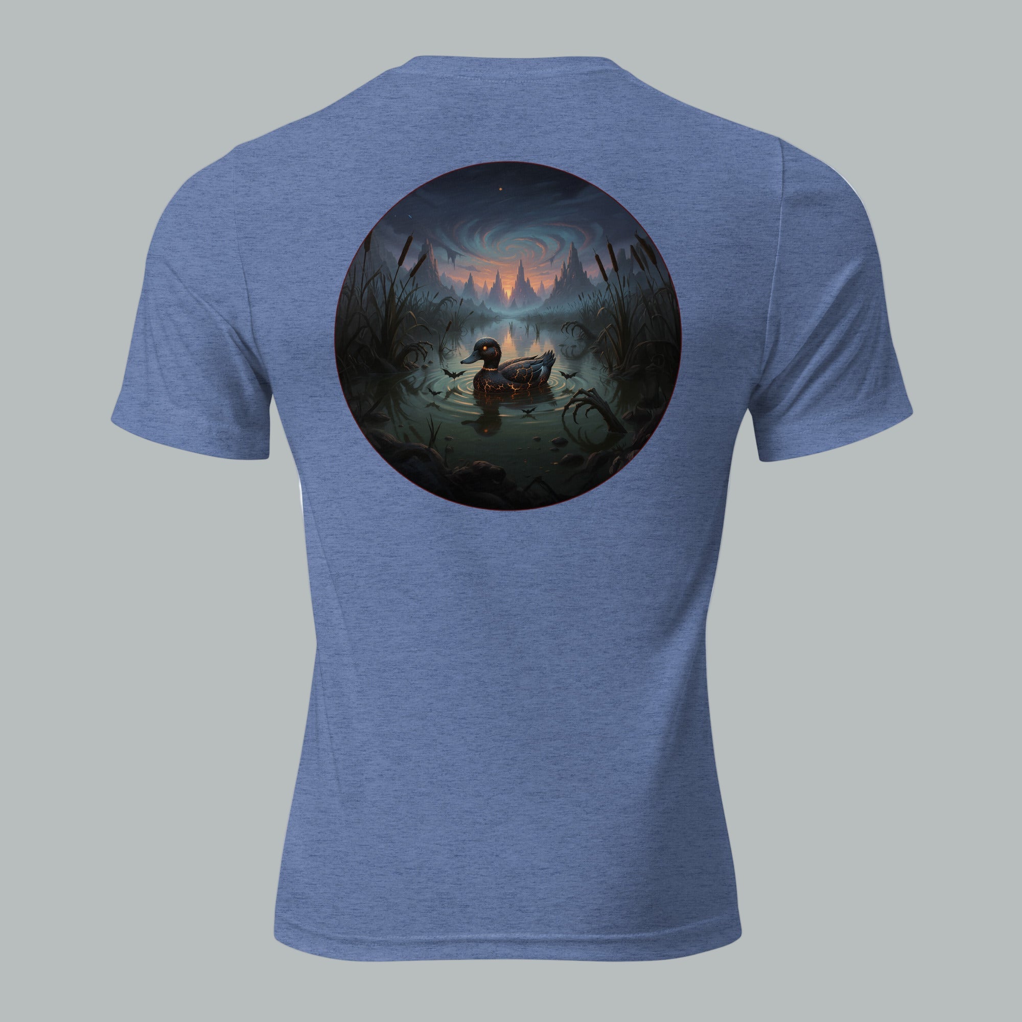 Back view of Fearless Harbor Drift Through the Dark Tee in Blue, featuring vintage haunted forest design for Halloween.