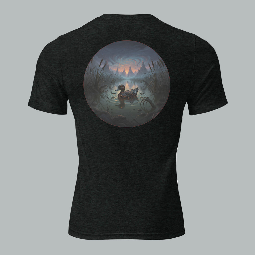 Back view of Fearless Harbor Drift Through the Dark Tee in Charcoal Black, featuring vintage haunted forest design for Halloween.