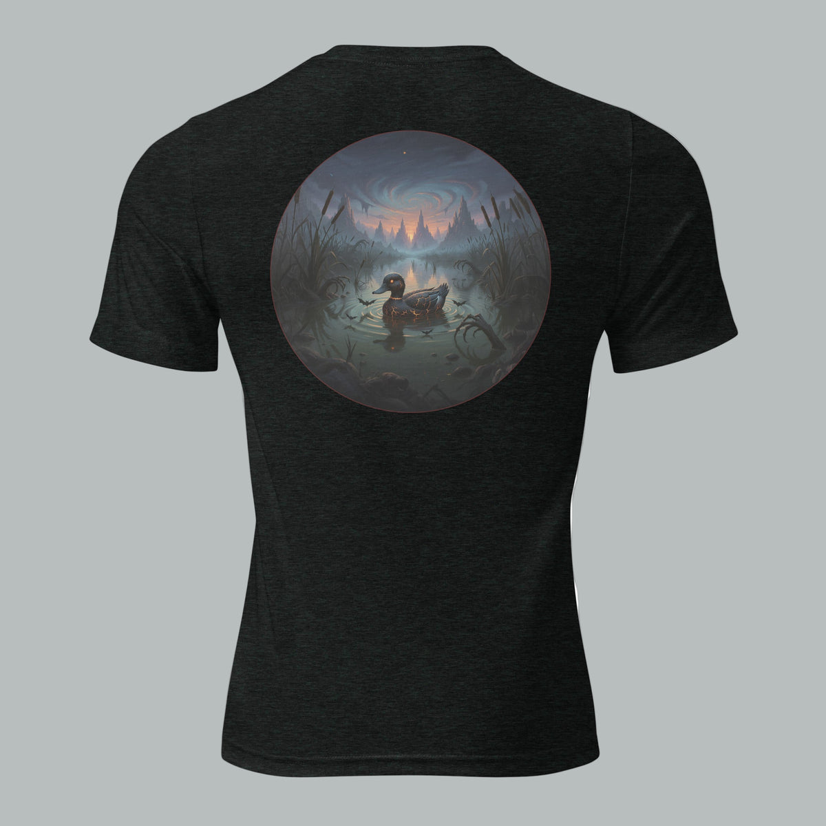 Back view of Fearless Harbor Drift Through the Dark Tee in Charcoal Black, featuring vintage haunted forest design for Halloween.