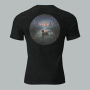Back view of Fearless Harbor Drift Through the Dark Tee in Charcoal Black, featuring vintage haunted forest design for Halloween.