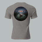 Back view of Fearless Harbor Drift Through the Dark Tee in grey, featuring vintage haunted forest design for Halloween.