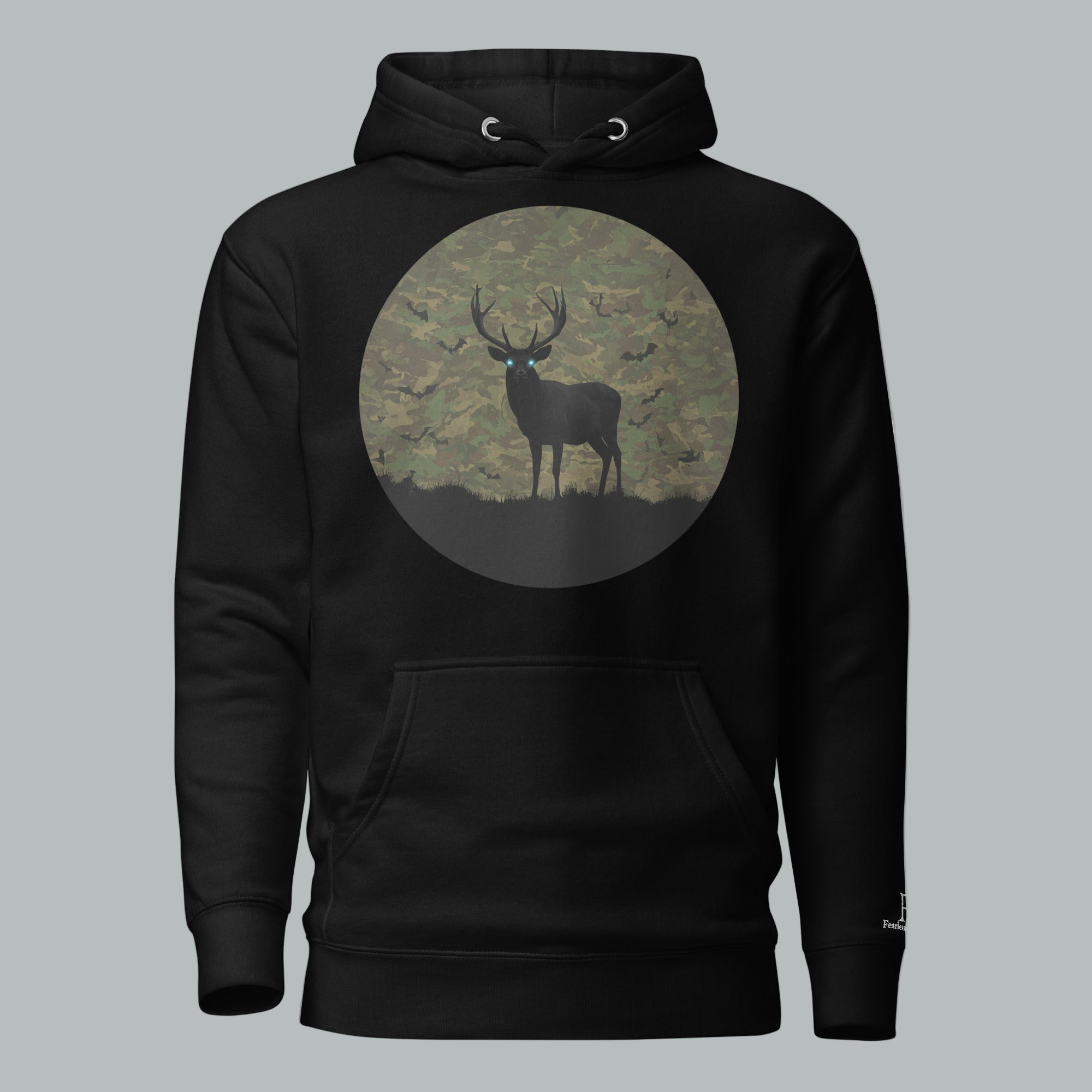 Front view of Fearless Harbor Fearless Haunt Hoodie in Black featuring spectral buck camo design for Halloween.