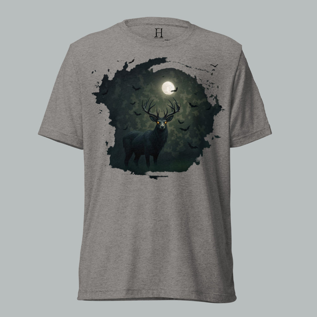 Front view of Fearless Harbor Fearless Haunting Tee in Grey, featuring spectral buck camo design for Halloween.
