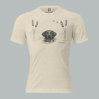 Front view of Fearless Harbor Men’s Black Lab Wetlands Tee in oatmeal with hunting lab, reeds, and ducks graphic