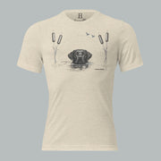 Front view of Fearless Harbor Men’s Black Lab Wetlands Tee in oatmeal with hunting lab, reeds, and ducks graphic