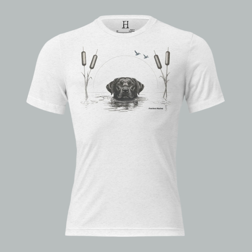 Front view of Fearless Harbor Men’s Black Lab Wetlands Tee in white with hunting lab, reeds, and ducks graphic