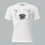 Front view of Fearless Harbor Men’s Black Lab Wetlands Tee in white with hunting lab, reeds, and ducks graphic