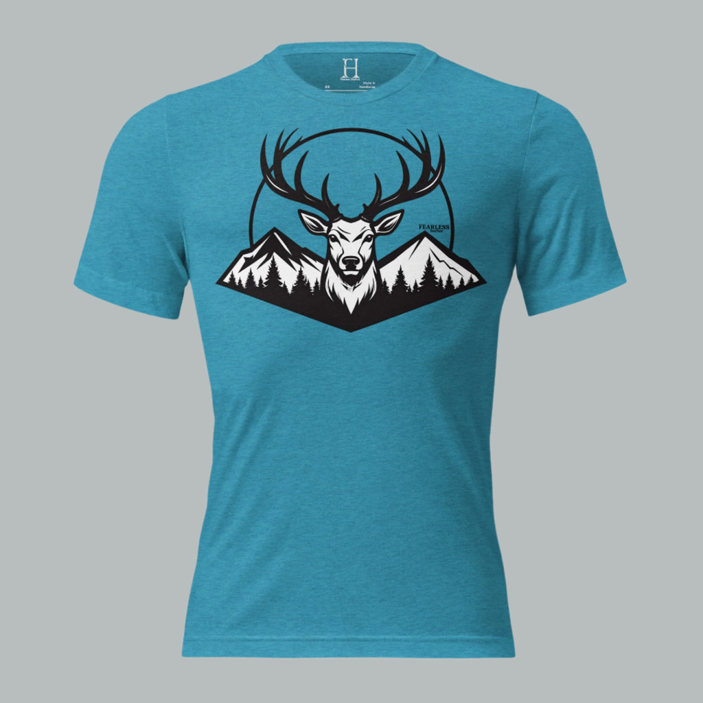 Front view of Fearless Harbor Men's Buck Ridge Tee in Aqua, featuring vintage deer design for hunters.