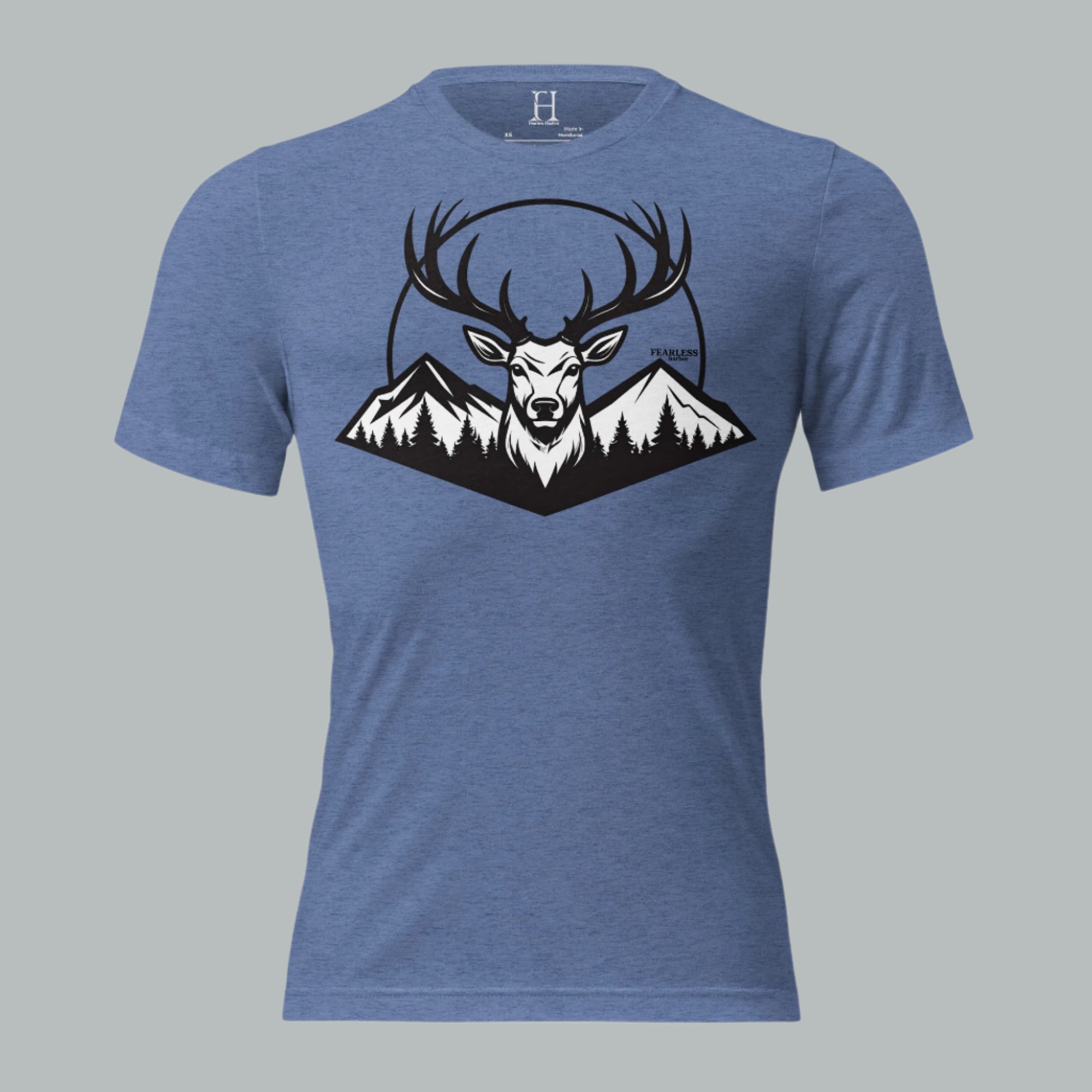 Front view of Fearless Harbor Men's Buck Ridge Tee in Blue, featuring vintage deer design for hunters.