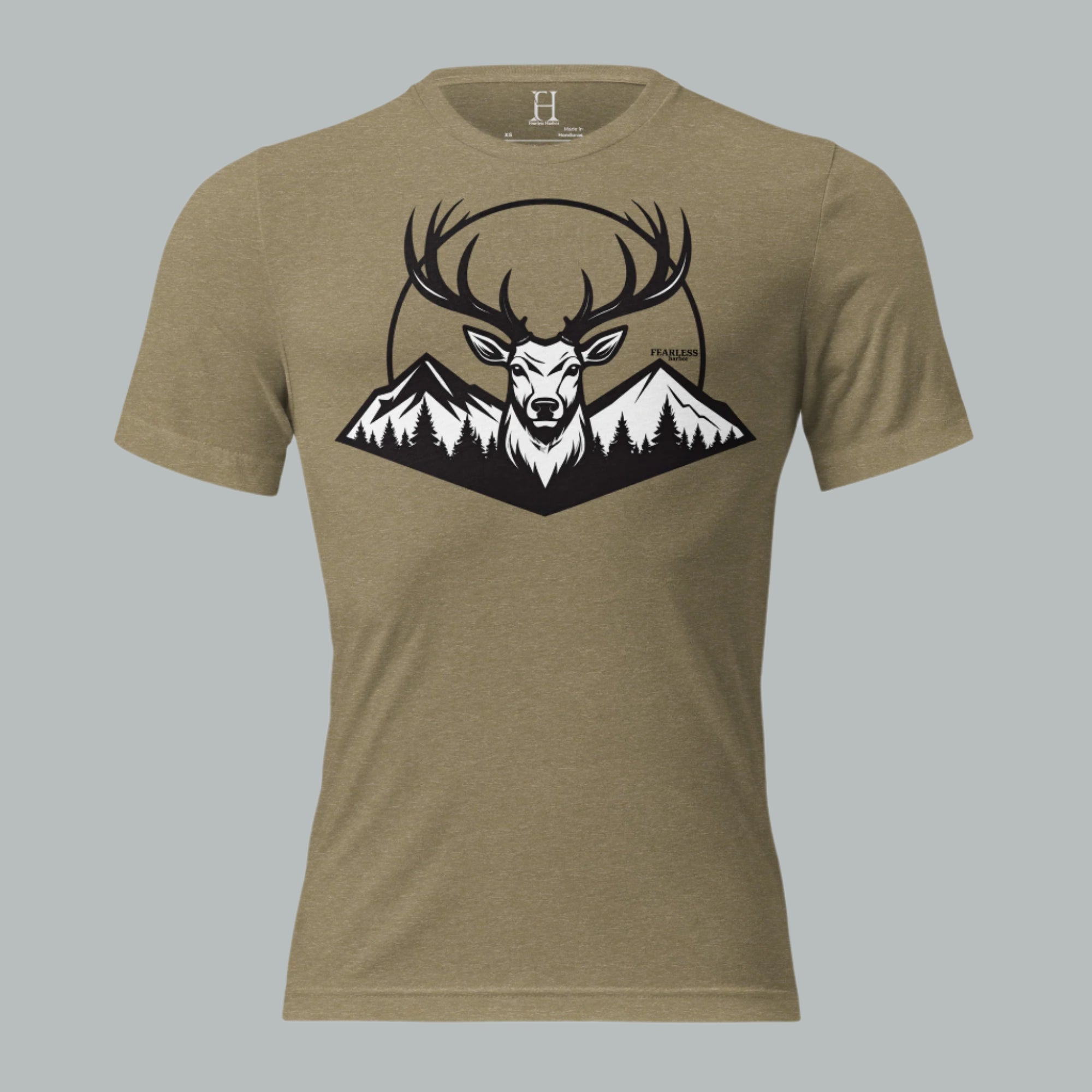 Front view of Fearless Harbor Men's Buck Ridge Tee in Olive, featuring vintage deer design for hunters.