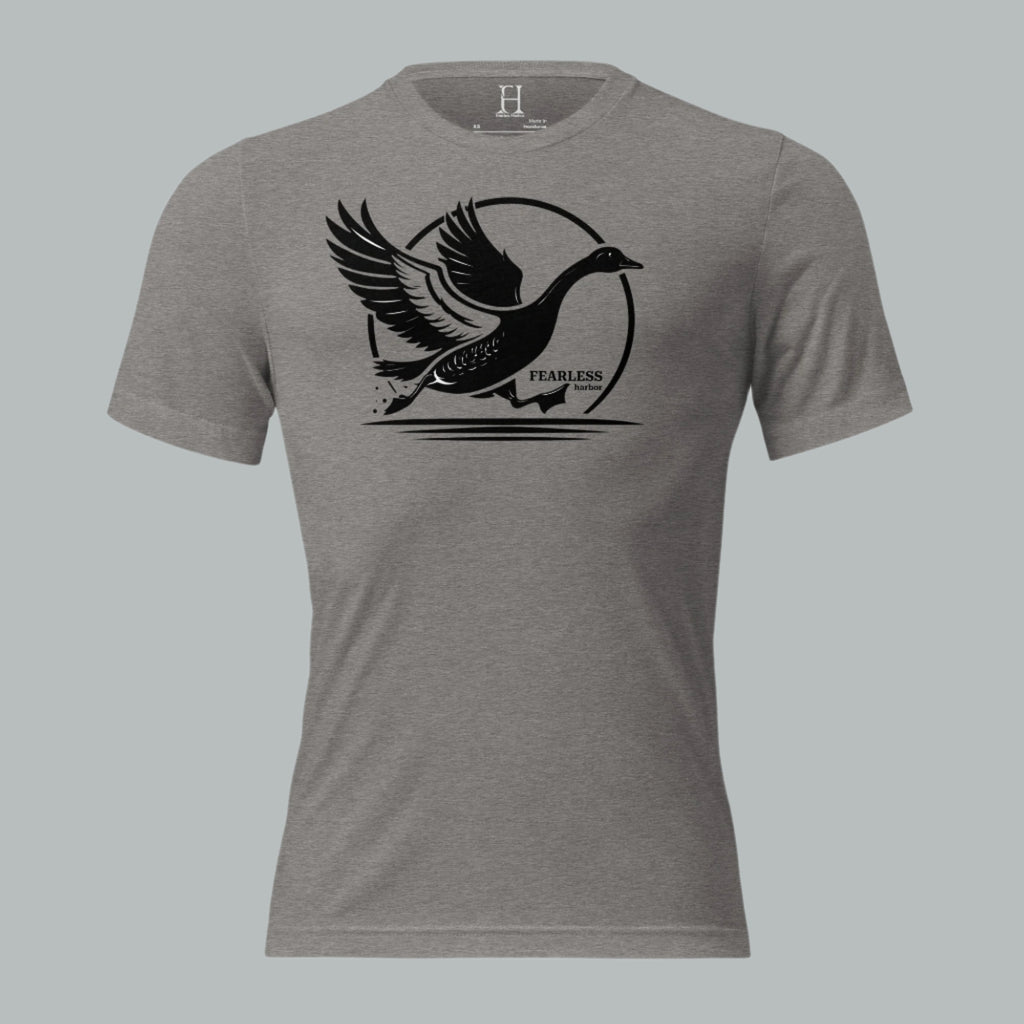 Front view of Fearless Harbor Men's Charging Goose Tee in Grey, featuring dynamic goose design for hunters.