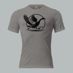 Front view of Fearless Harbor Men's Charging Goose Tee in Grey, featuring dynamic goose design for hunters.