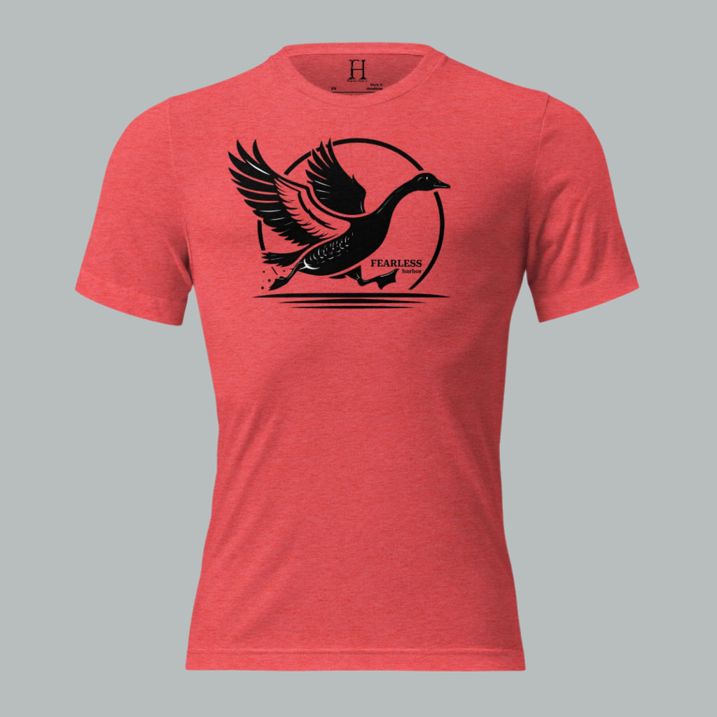 Front view of Fearless Harbor Men's Charging Goose Tee in Red, featuring dynamic goose design for hunters.