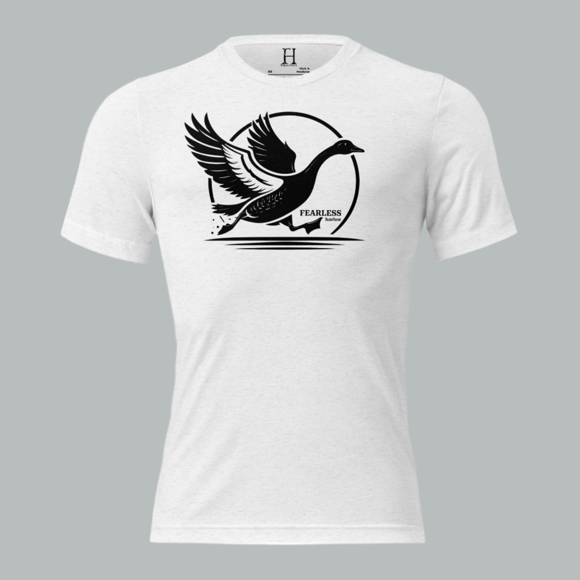 Front view of Fearless Harbor Men's Charging Goose Tee in Solid White, featuring dynamic goose design for hunters.