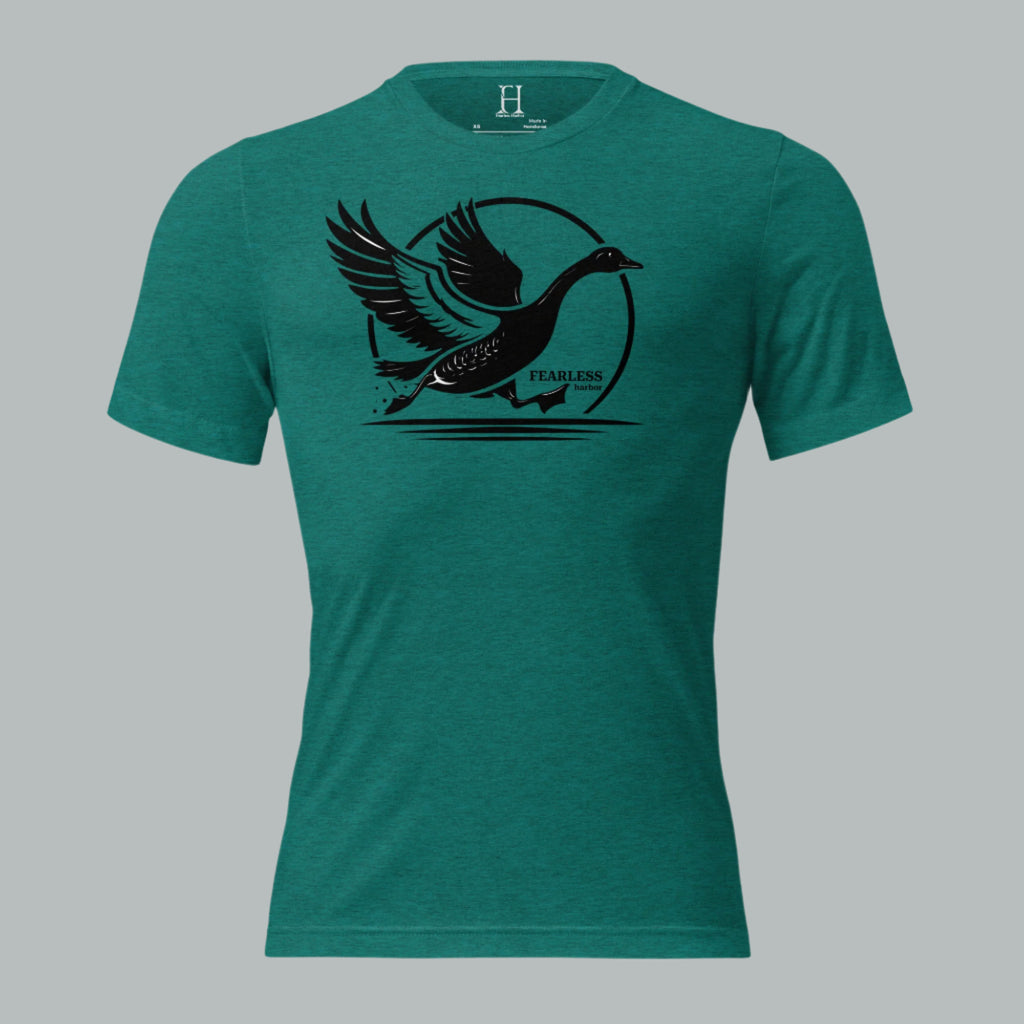 Front view of Fearless Harbor Men's Charging Goose Tee in Teal, featuring dynamic goose design for hunters.