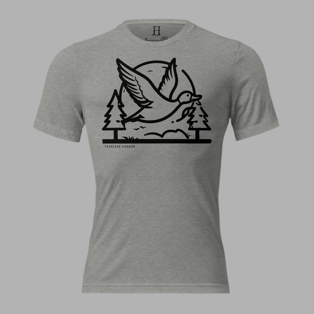 Front view of Fearless Harbor Drawn to Flight Tee in athletic grey with waterfowl duck flying.