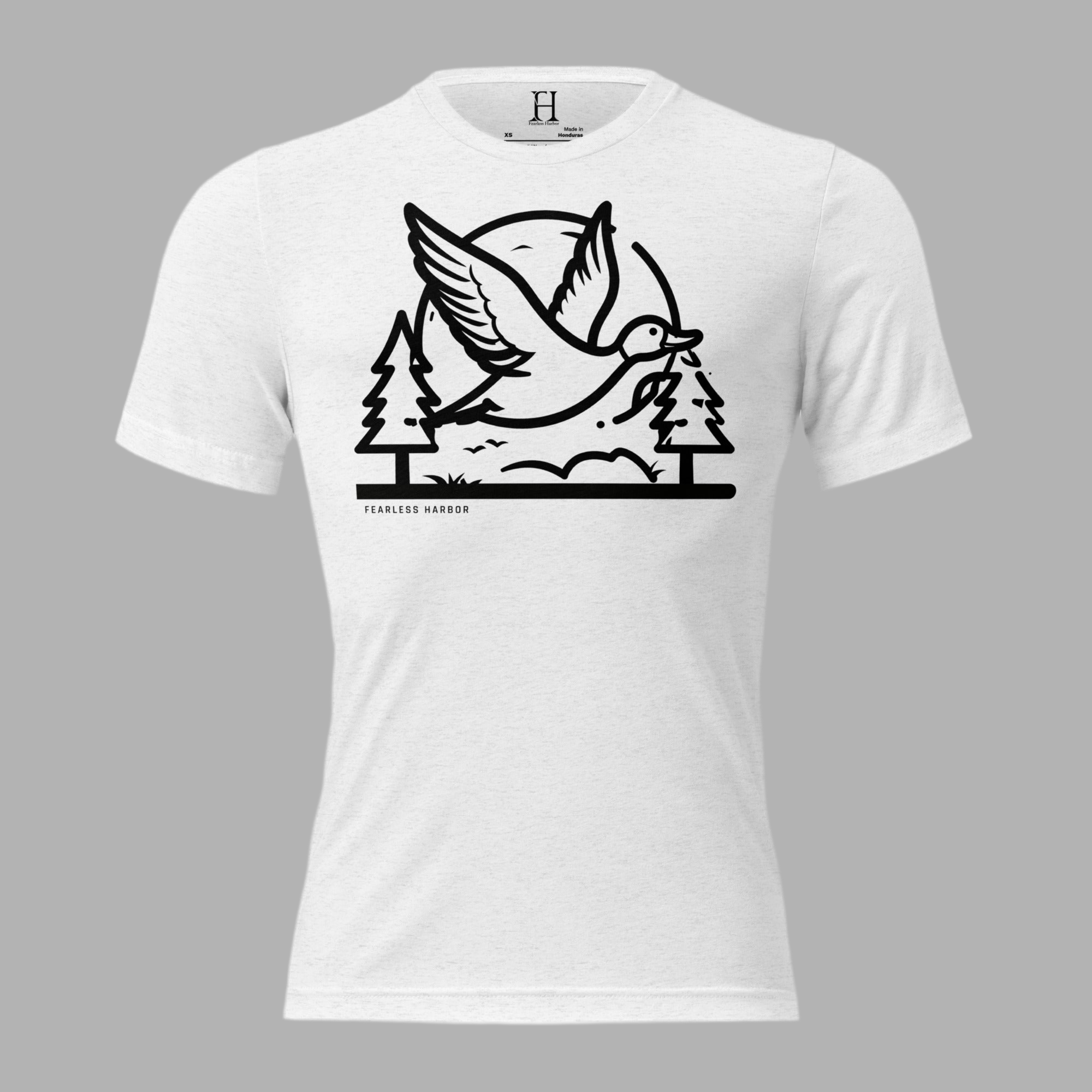 Front view of Fearless Harbor Drawn to Flight Tee in white with waterfowl duck flying.