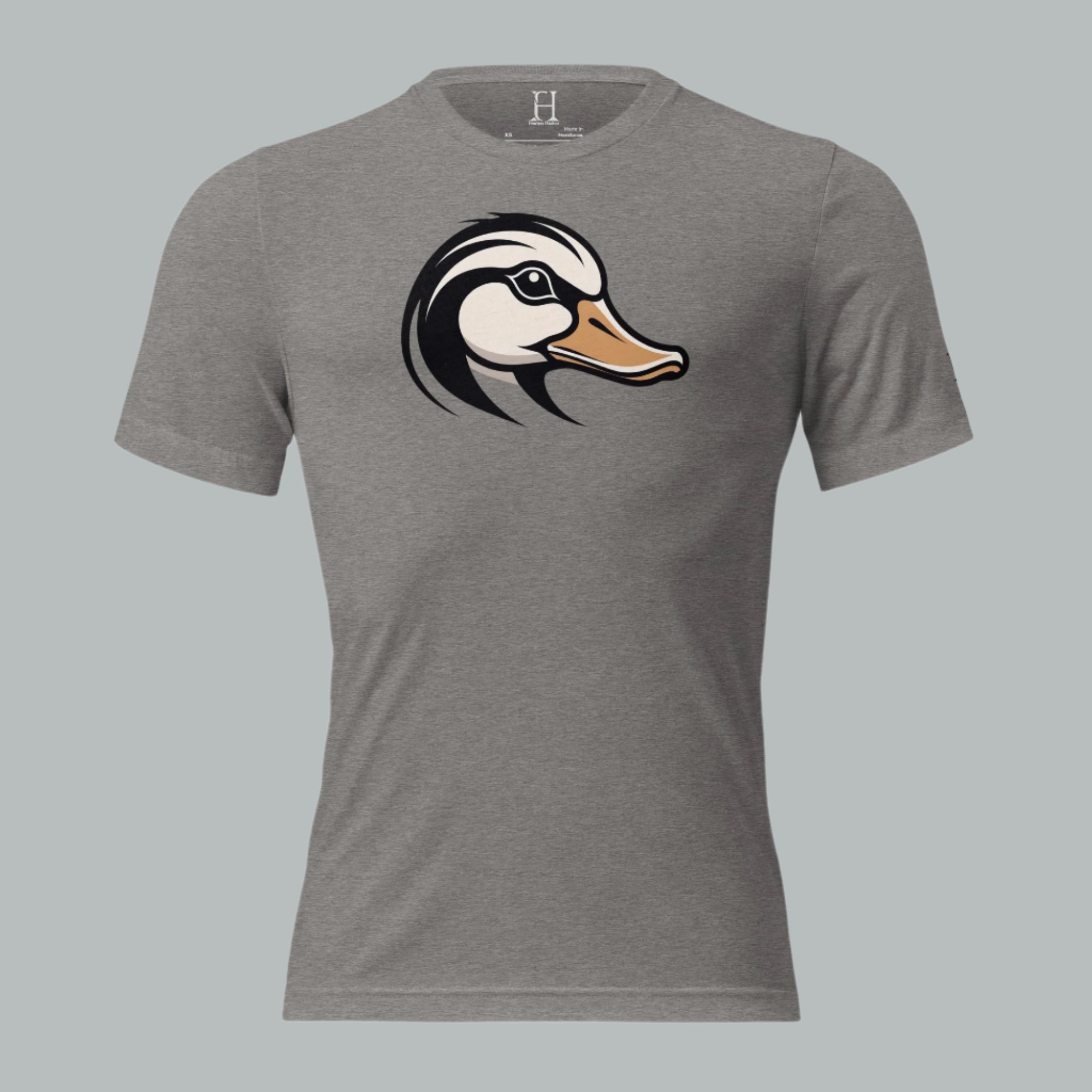 Front view of Fearless Harbor Men's Duck Head Tee in Grey, featuring duck design for hunters.