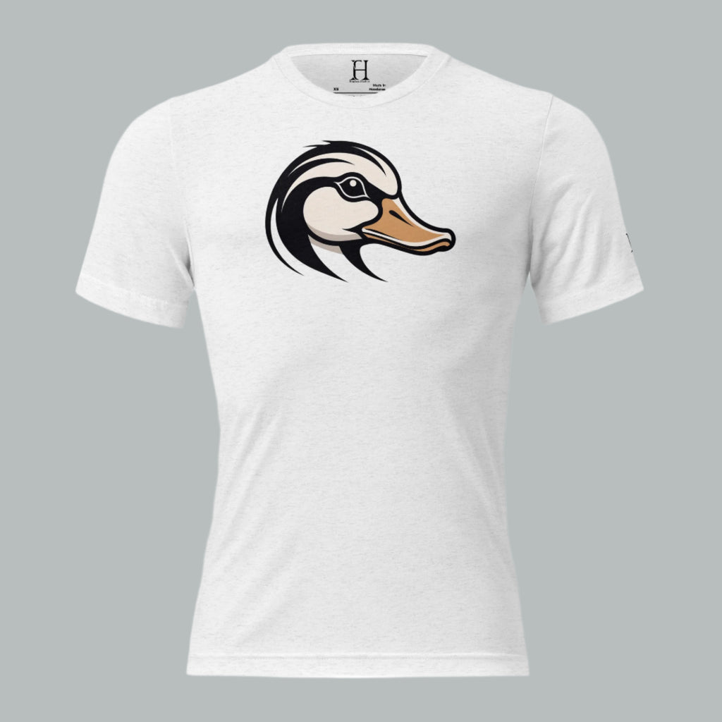 Front view of Fearless Harbor Men's Duck Head Tee in Solid White, featuring duck design for hunters.