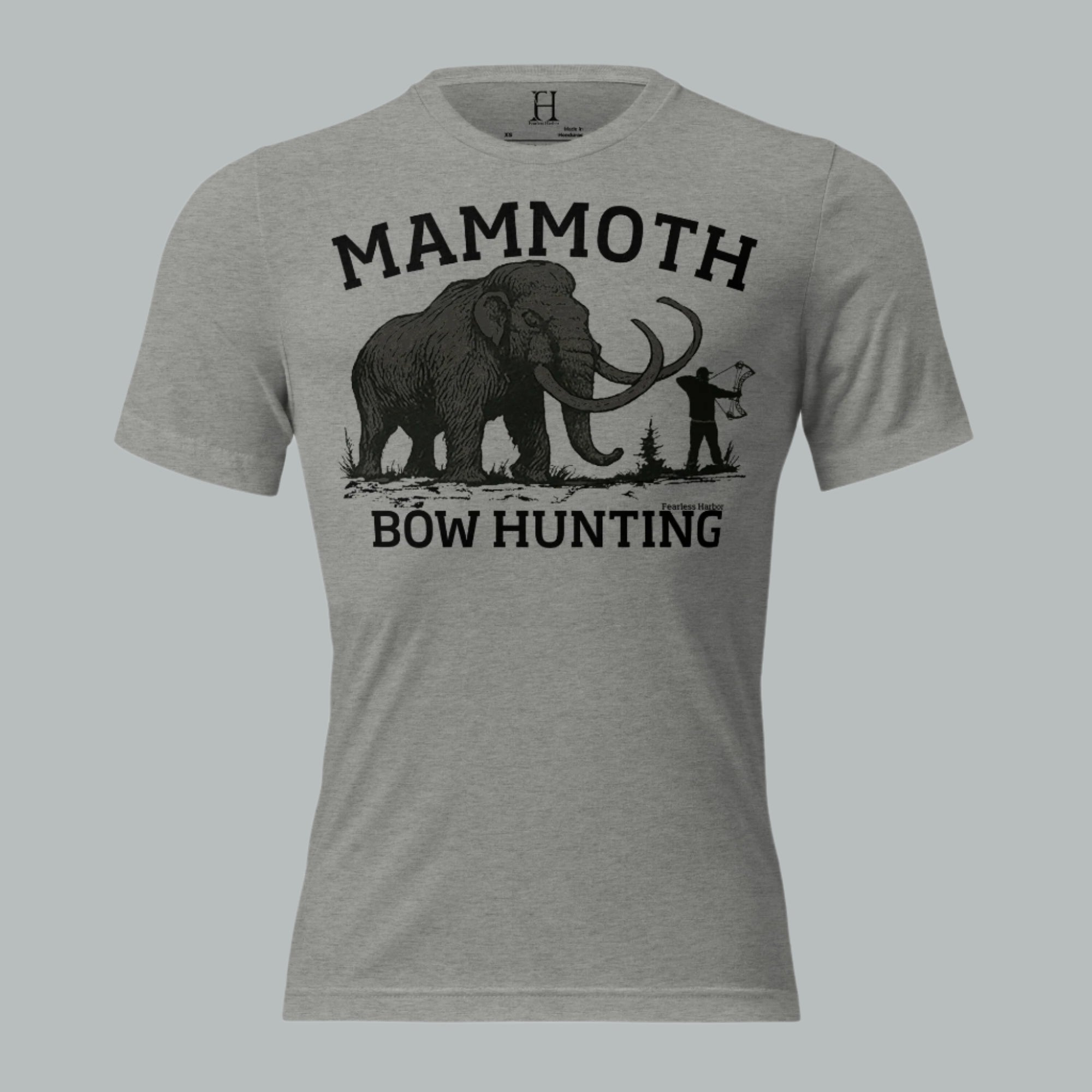 Front view of Men's Utah Mammoth Bow Hunting Tee in athletic grey with bold mammoth and bow hunter graphic.