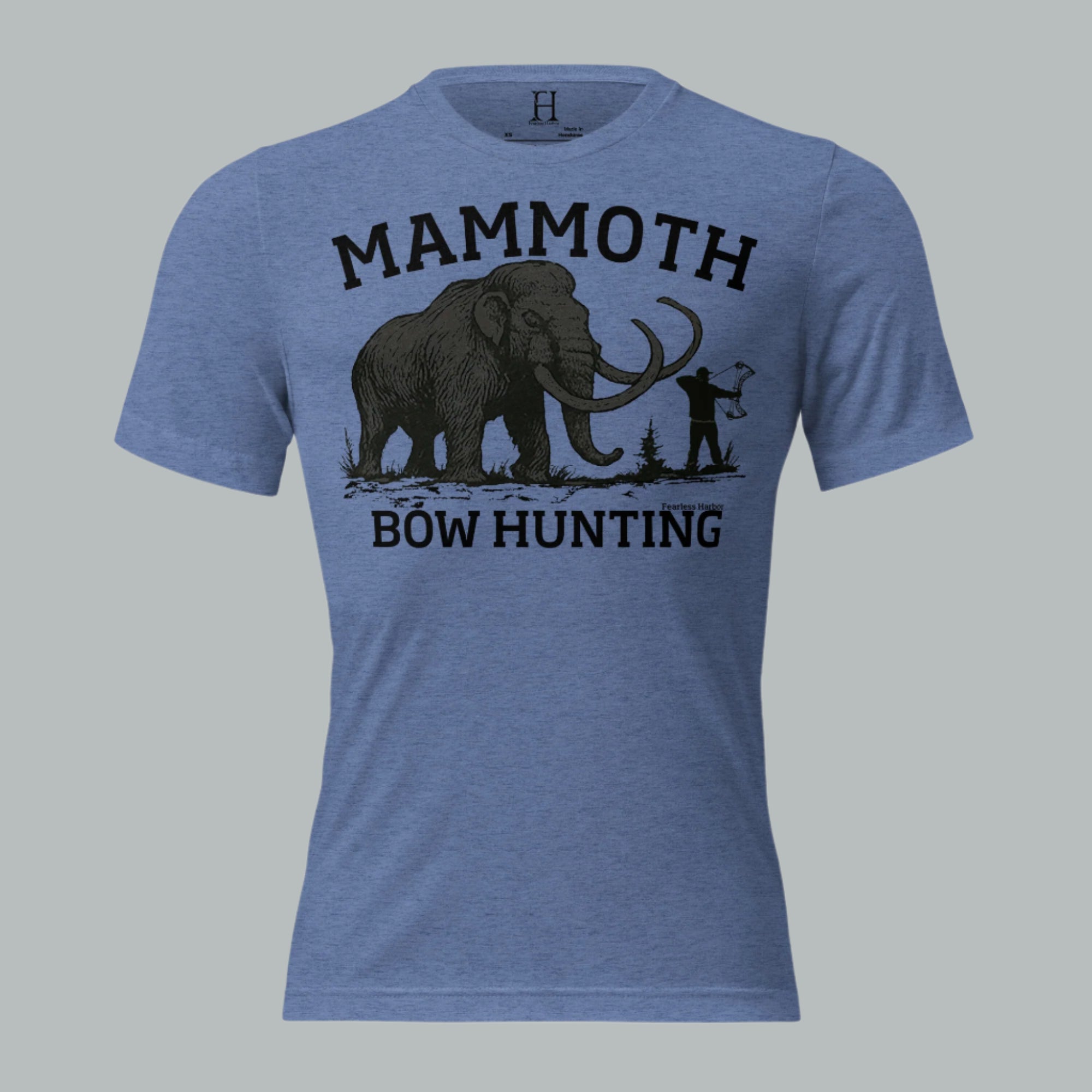Front view of Men's Utah Mammoth Bow Hunting Tee in blue with bold mammoth and bow hunter graphic.