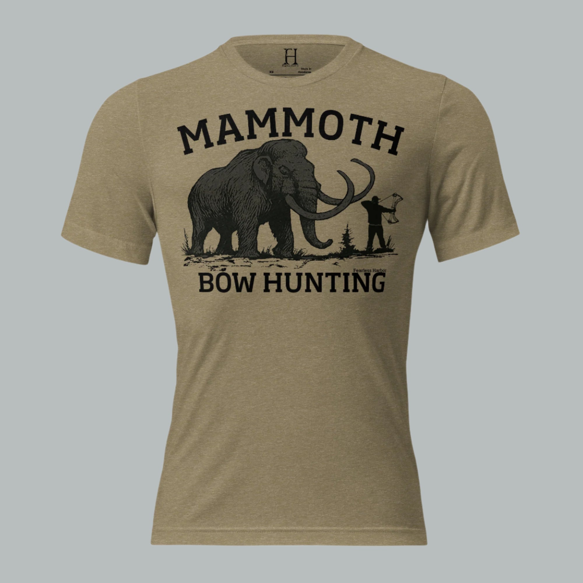 Front view of Men's Utah Mammoth Bow Hunting Tee in olive with bold mammoth and bow hunter graphic.