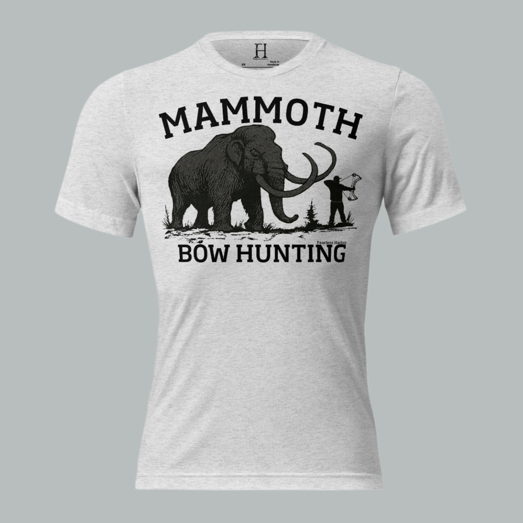 Front view of Men's Utah Mammoth Bow Hunting Tee in white fleck with bold mammoth and bow hunter graphic.