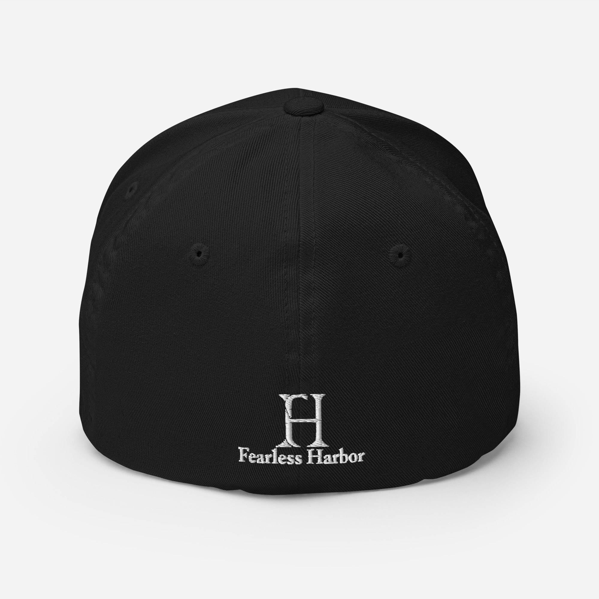 Back view of Moose Logo FlexFit Hat in black with Fearless Harbor logo, perfect for hunters and outdoor lifestyle.