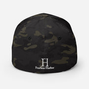 Back view of Moose Logo FlexFit Hat in multicam black with Fearless Harbor logo, perfect for hunters and outdoor lifestyle.