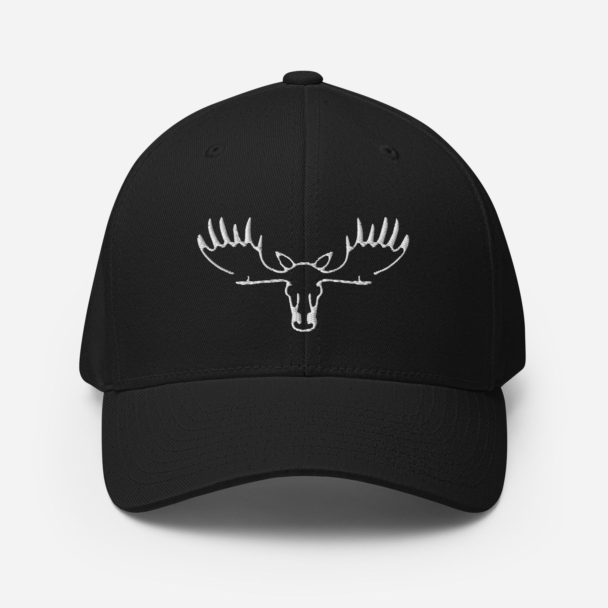 Front view of Fearless Harbor Moose Logo FlexFit Hat in black with bold moose logo, perfect for hunters and outdoor lifestyle.