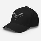Left front view of Fearless Harbor Moose Logo FlexFit Hat in black with bold moose logo, perfect for hunters and outdoor lifestyle.