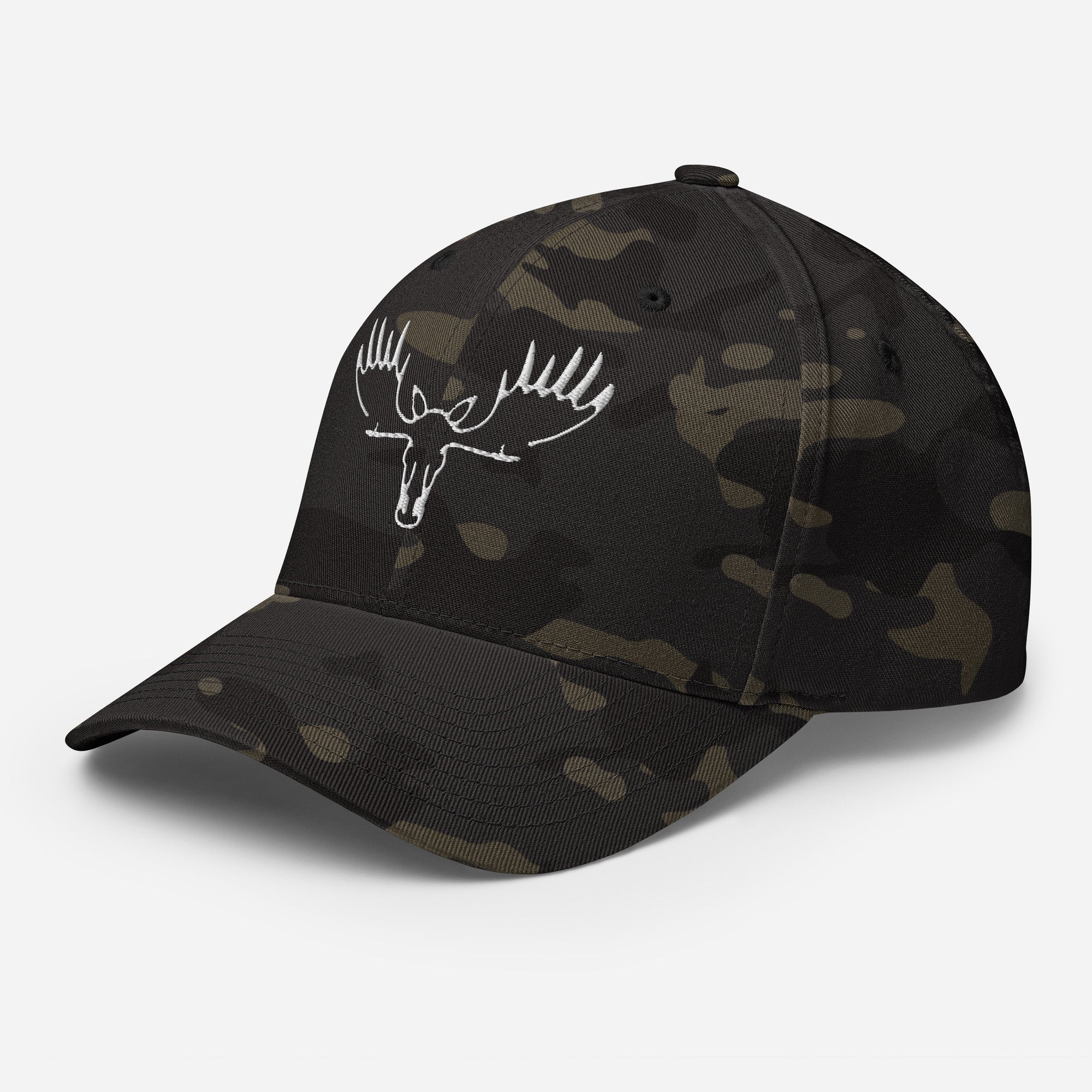 Left front view of Fearless Harbor Moose Logo FlexFit Hat in multicam black with bold moose logo, perfect for hunters and outdoor lifestyle.