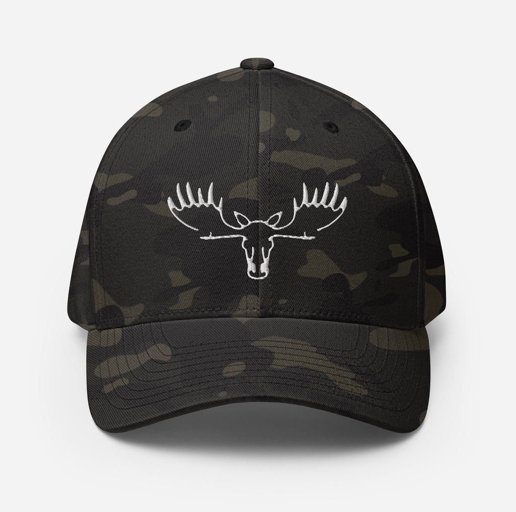 Front view of Fearless Harbor Moose Logo FlexFit Hat in multicamblack with bold moose logo, perfect for hunters and outdoor lifestyle.