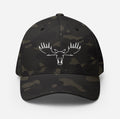Front view of Fearless Harbor Moose Logo FlexFit Hat in multicamblack with bold moose logo, perfect for hunters and outdoor lifestyle.