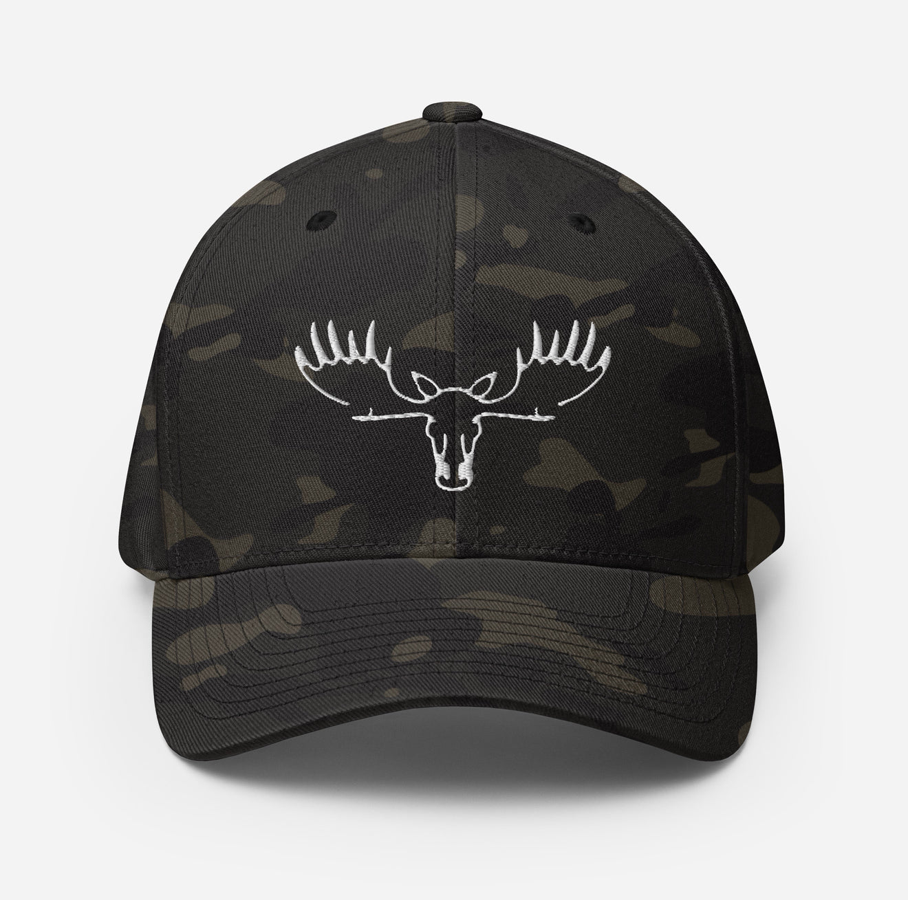 Front view of Fearless Harbor Moose Logo FlexFit Hat in multicamblack with bold moose logo, perfect for hunters and outdoor lifestyle.