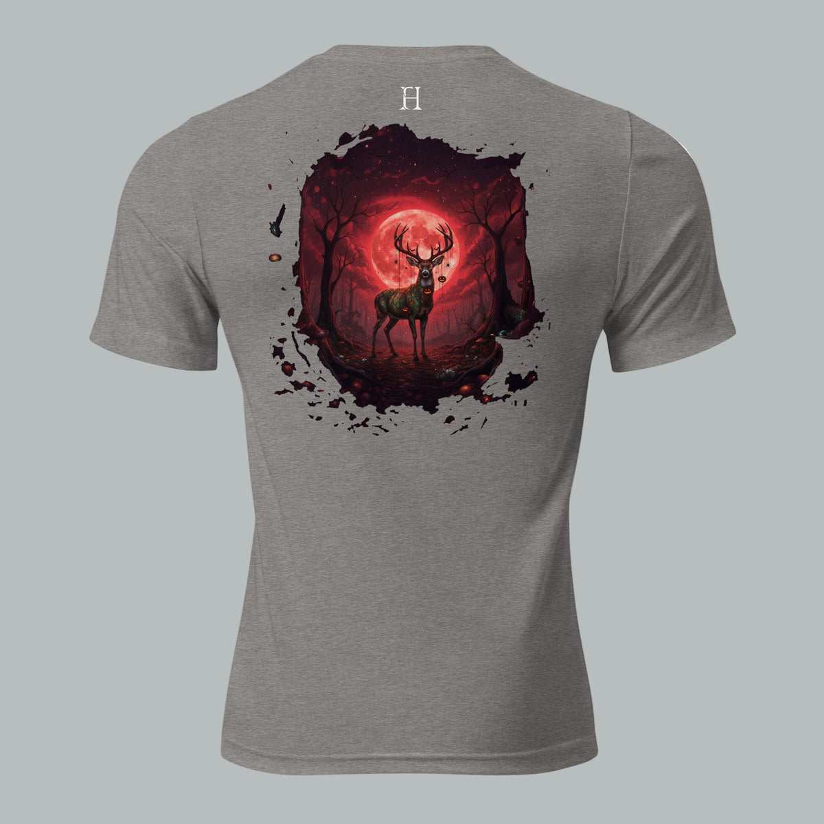 Back view of Fearless Harbor Under the Blood Moon Tee in Grey, highlighting blood-red buck camo design.