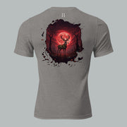 Back view of Fearless Harbor Under the Blood Moon Tee in Grey, highlighting blood-red buck camo design.