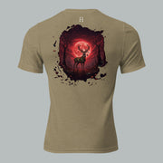 Back view of Fearless Harbor Under the Blood Moon Tee in Olive, highlighting blood-red buck camo design.