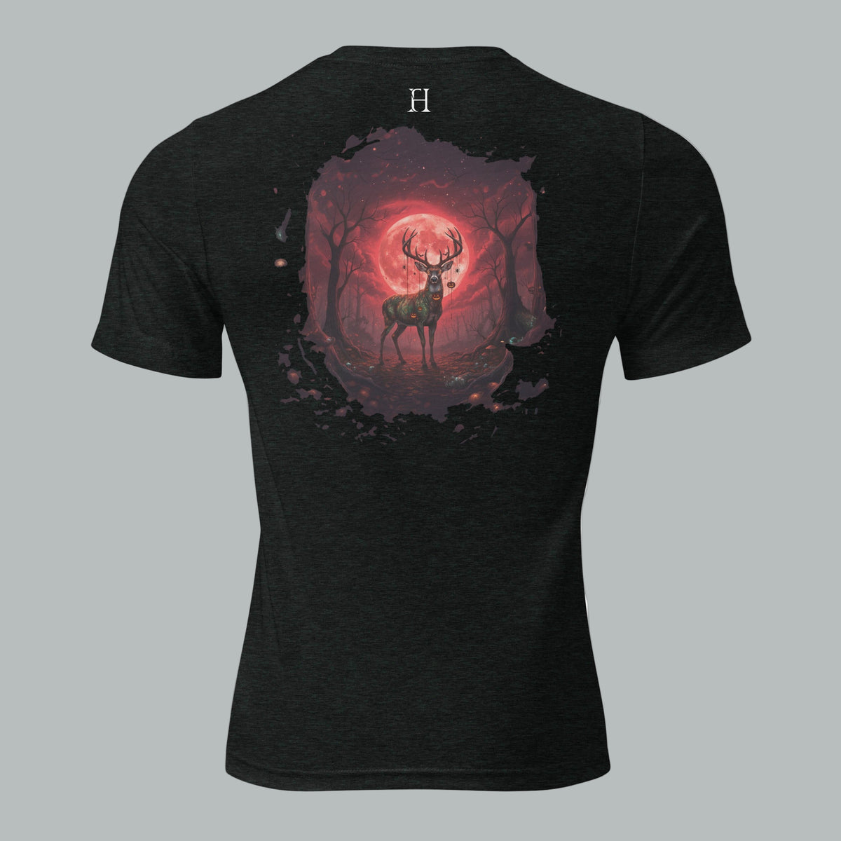 Back view of Fearless Harbor Under the Blood Moon Tee in Charcoal Black, highlighting blood-red buck camo design.