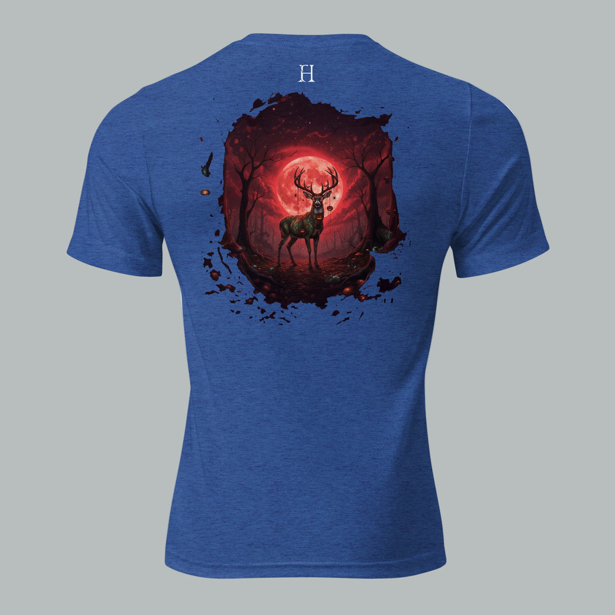 Back view of Fearless Harbor Under the Blood Moon Tee in True Royal, highlighting blood-red buck camo design.