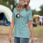 Front view of woman wearing Fearless Harbor Women's Duck Head Relaxed Tee in Blue Lagoon, featuring duck design for hunters.