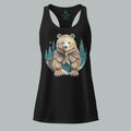 Front view of Fearless Harbor Women's Bear Haven Tank in black with craft-paper bear-in-trees graphic for hunters.
