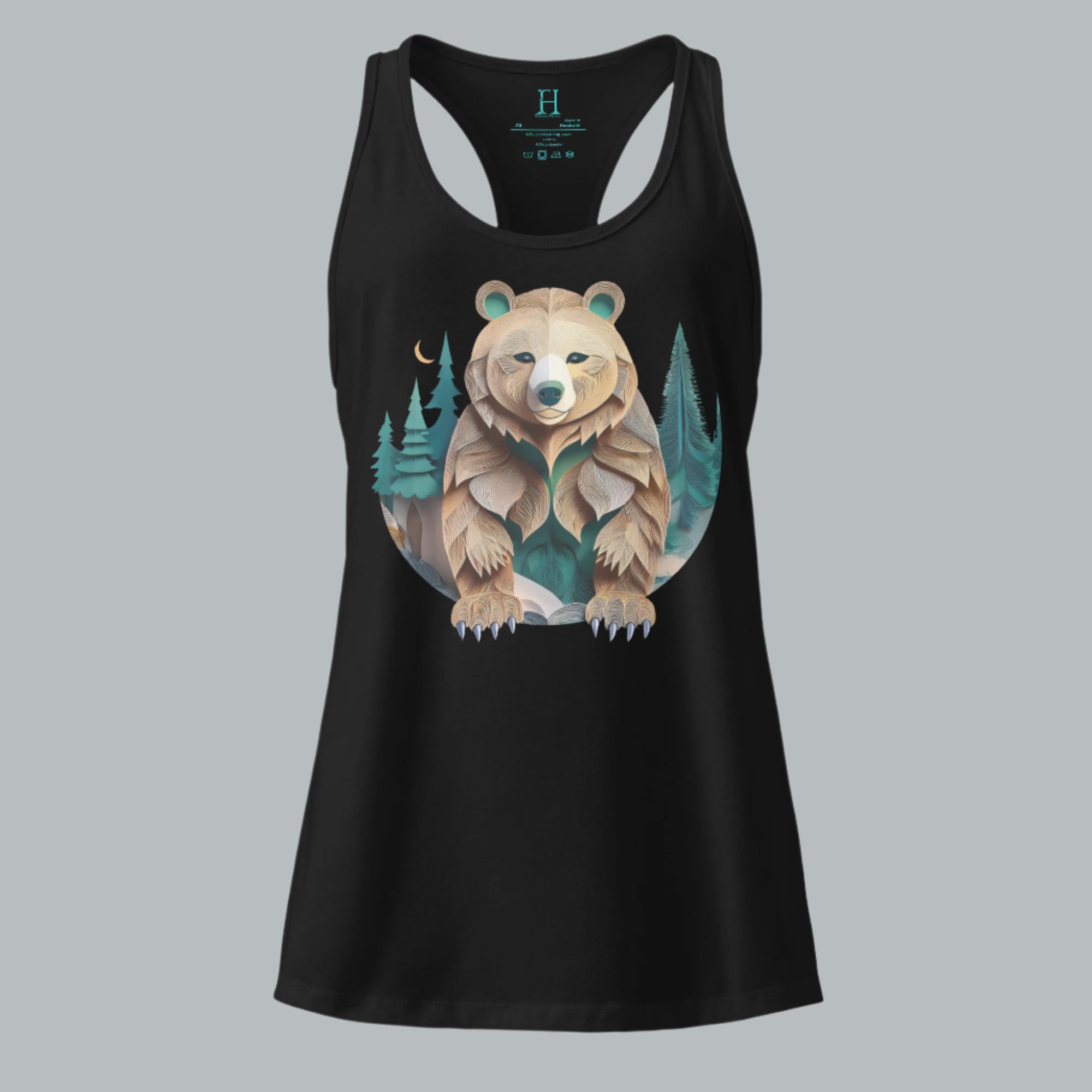 Front view of Fearless Harbor Women's Bear Haven Tank in black with craft-paper bear-in-trees graphic for hunters.