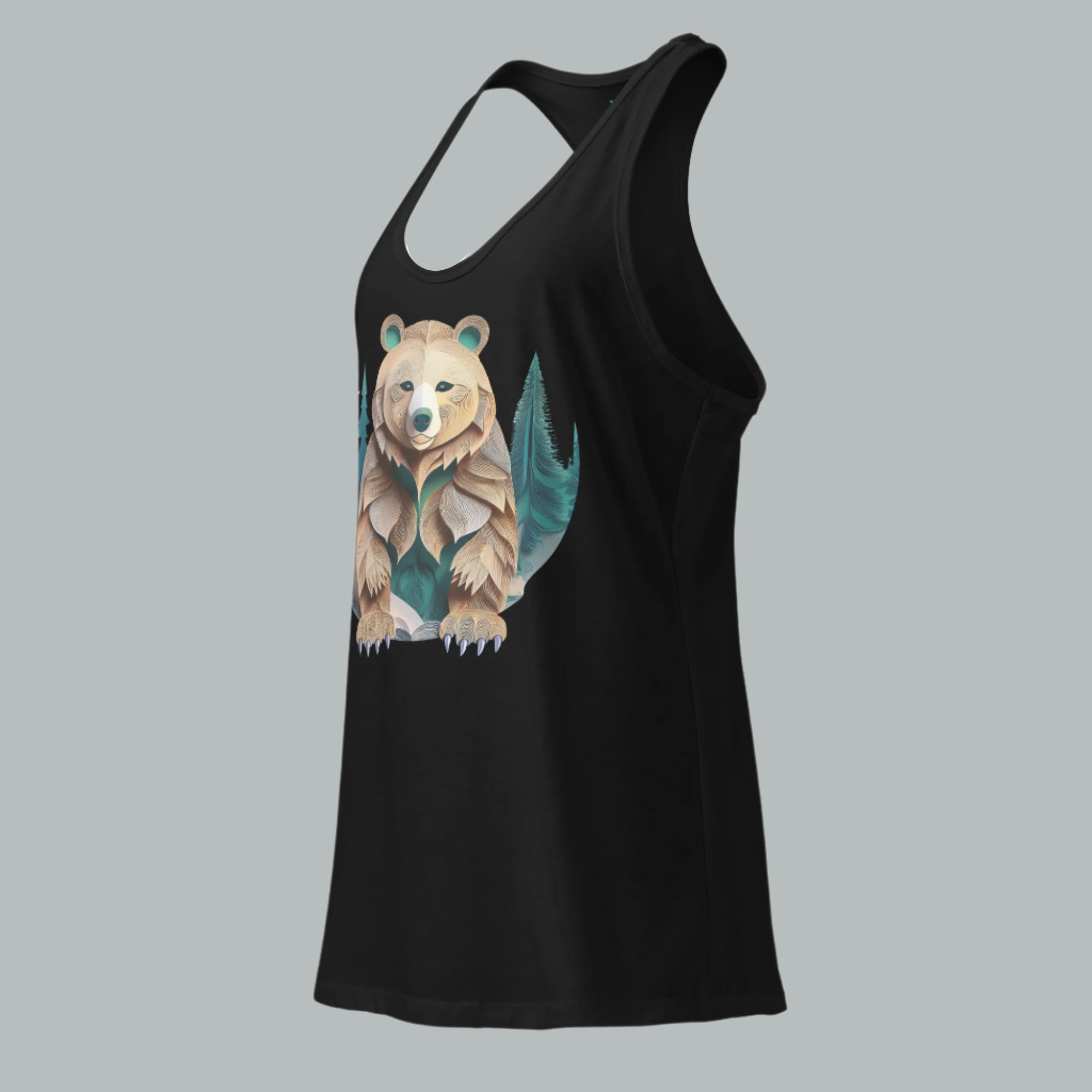 Left front view of Fearless Harbor Women's Bear Haven Tank in black, ideal for active hunters.